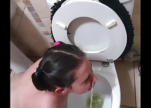 Pigtailed teen sucks dick probe being pissed on the top of and licking the toilet shoe-brush orientation spitting and slapping