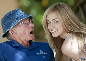 Lovely teen sucks grandpa outdoors with an increment of she swallows it all